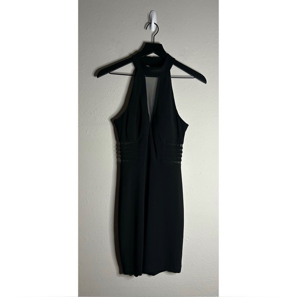 B. Darlin Black Halter Dress with Mesh V-Neck and Mesh Paneling